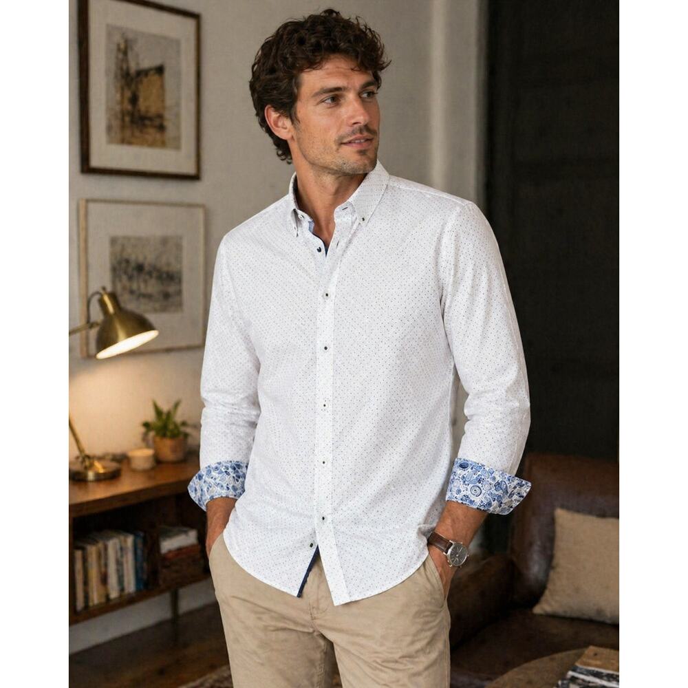 Cactus Man Ricky Singh White Dot Button Down Shirt Mens M Flip Cuff Cotton
